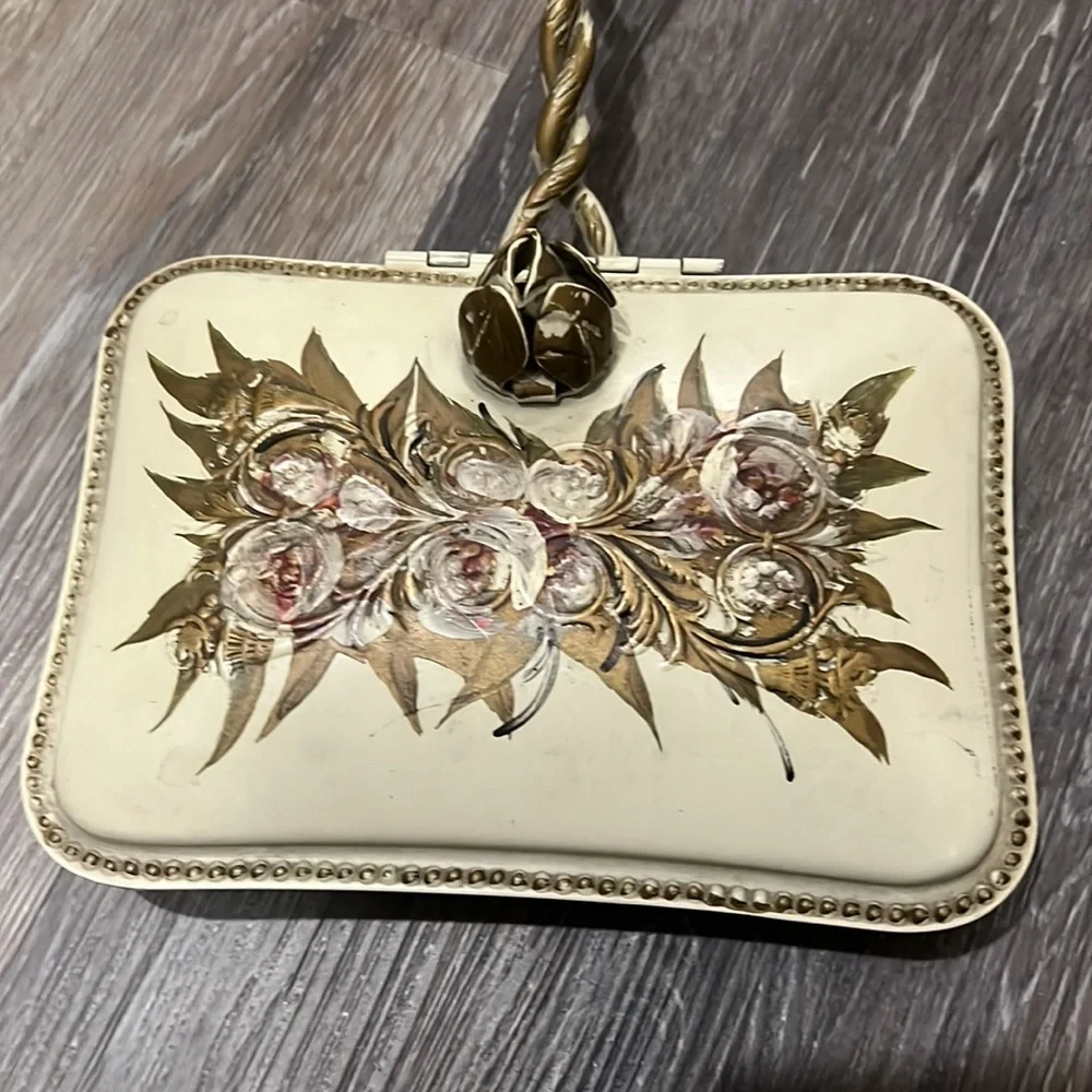 Vintage hand painted metal floral cream gold silent butler - Picture 3 of 9